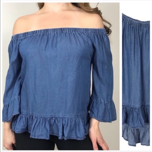 JANE & DELANCEY Blue Chambray Denim Ruffle Top Small Off Shoulder Fall Casual - Picture 1 of 8
